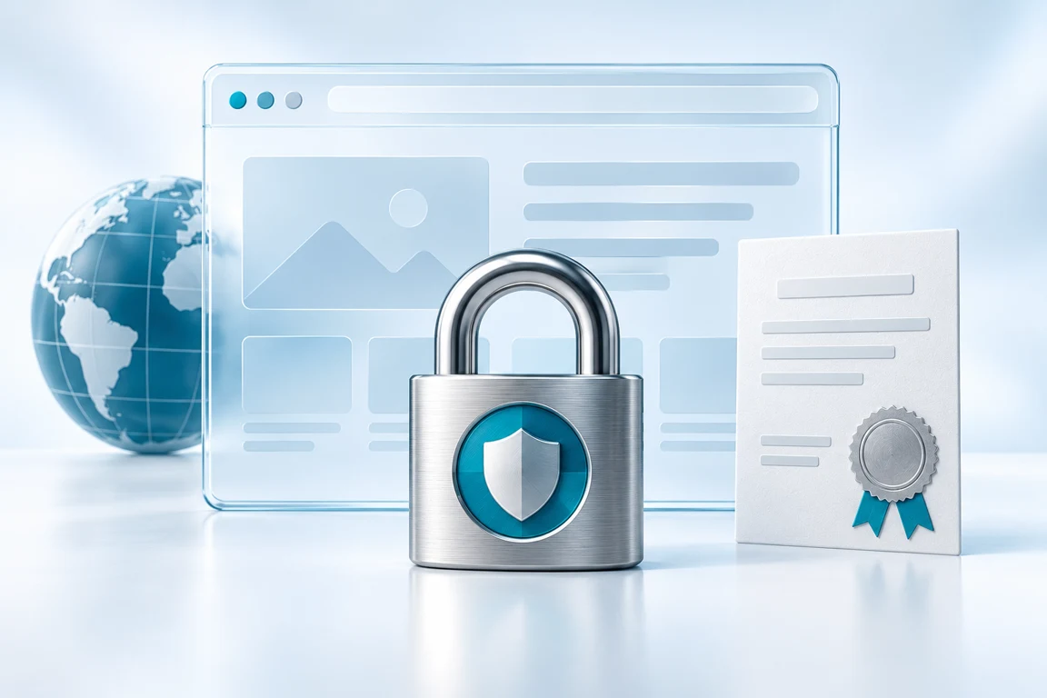 Güvenli web bağlantısını temsil eden sertifika ve kilit görseli