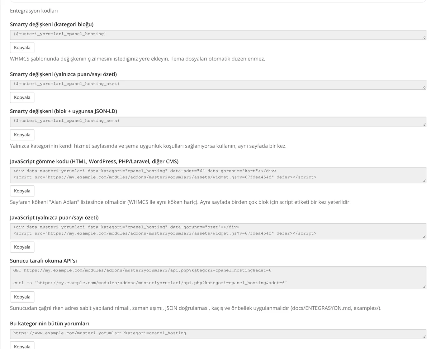 Kategoriye ait entegrasyon kodları: Smarty değişkenleri, JavaScript gömme kodu, okuma API adresi, kategori yorumları bağlantısı ve Yorum Yap bağlantısı, her biri Kopyala düğmesiyle