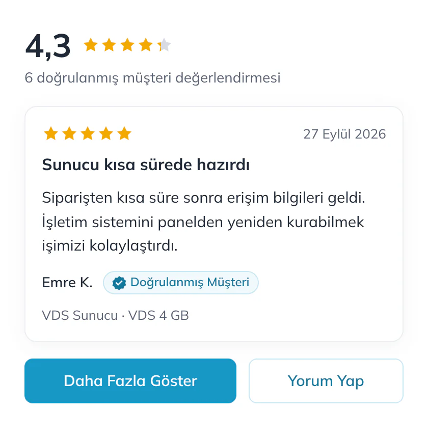 Hizmet sayfasında görünen modül çıktısı: VDS Sunucu için 4,3 kategori puanı, 6 doğrulanmış müşteri değerlendirmesi ve “Doğrulanmış Müşteri” etiketli bir yorum kartı (demo verisi)